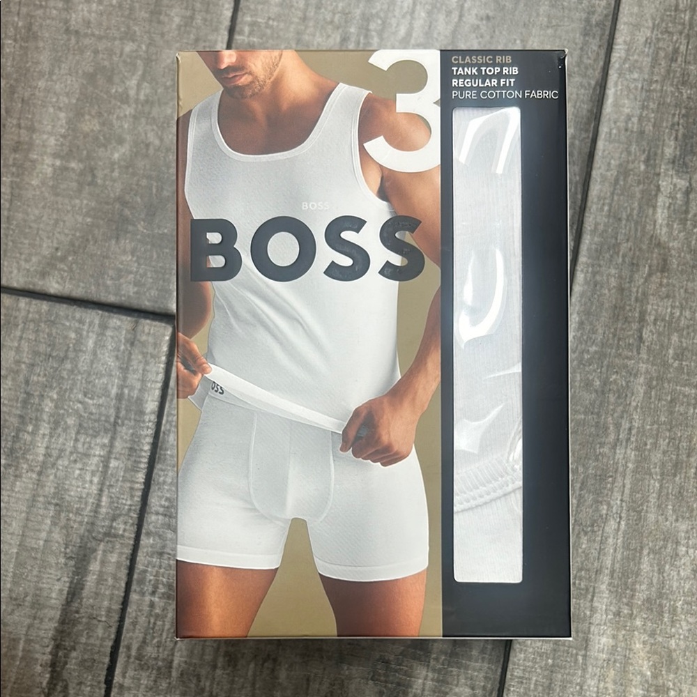 100% Authentic BOSS by Hugo Boss Men's White Tank Top 3Pack Rib Undershirts